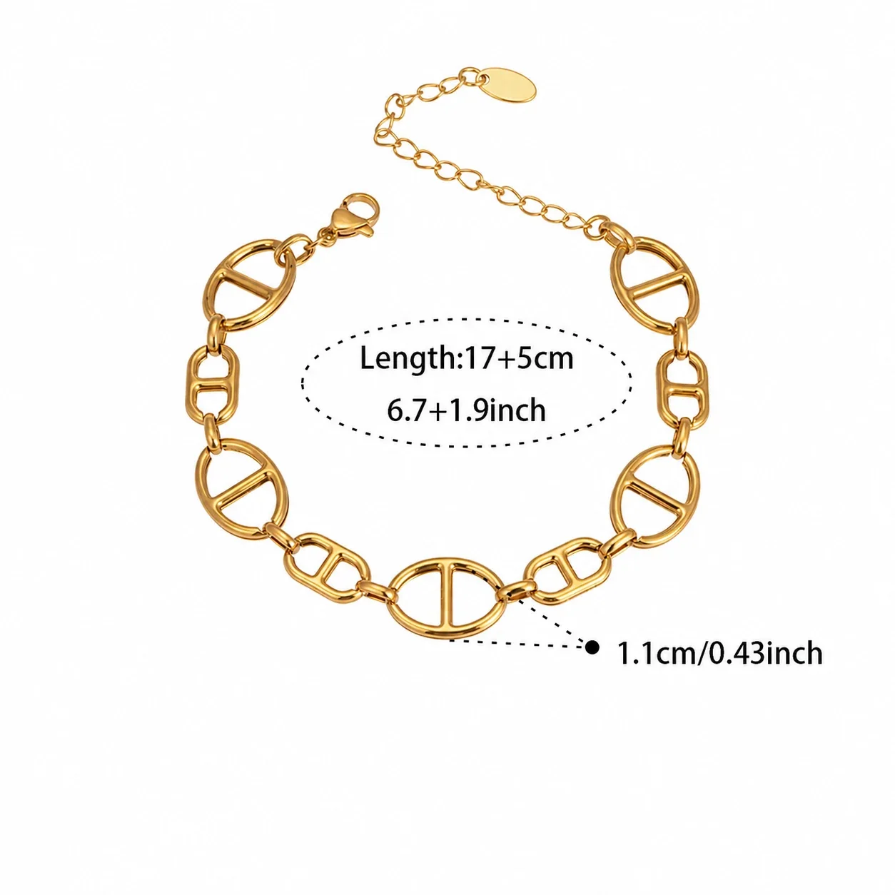 Coastal Gold-Plated Stainless Steel Pearl-Effect Charm Bracelet - Gold Geometric Link 17+5 cm