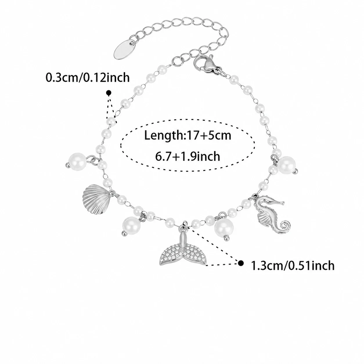 Coastal Gold-Plated Stainless Steel Pearl-Effect Charm Bracelet - Silver Pearl-Effect Multi-Charm 17+5 cm