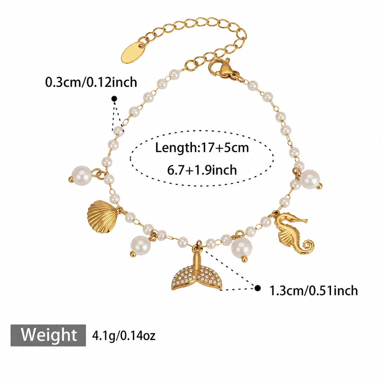 Coastal Gold-Plated Stainless Steel Pearl-Effect Charm Bracelet - Gold Pearl-Effect Multi-Charm 17+5 cm
