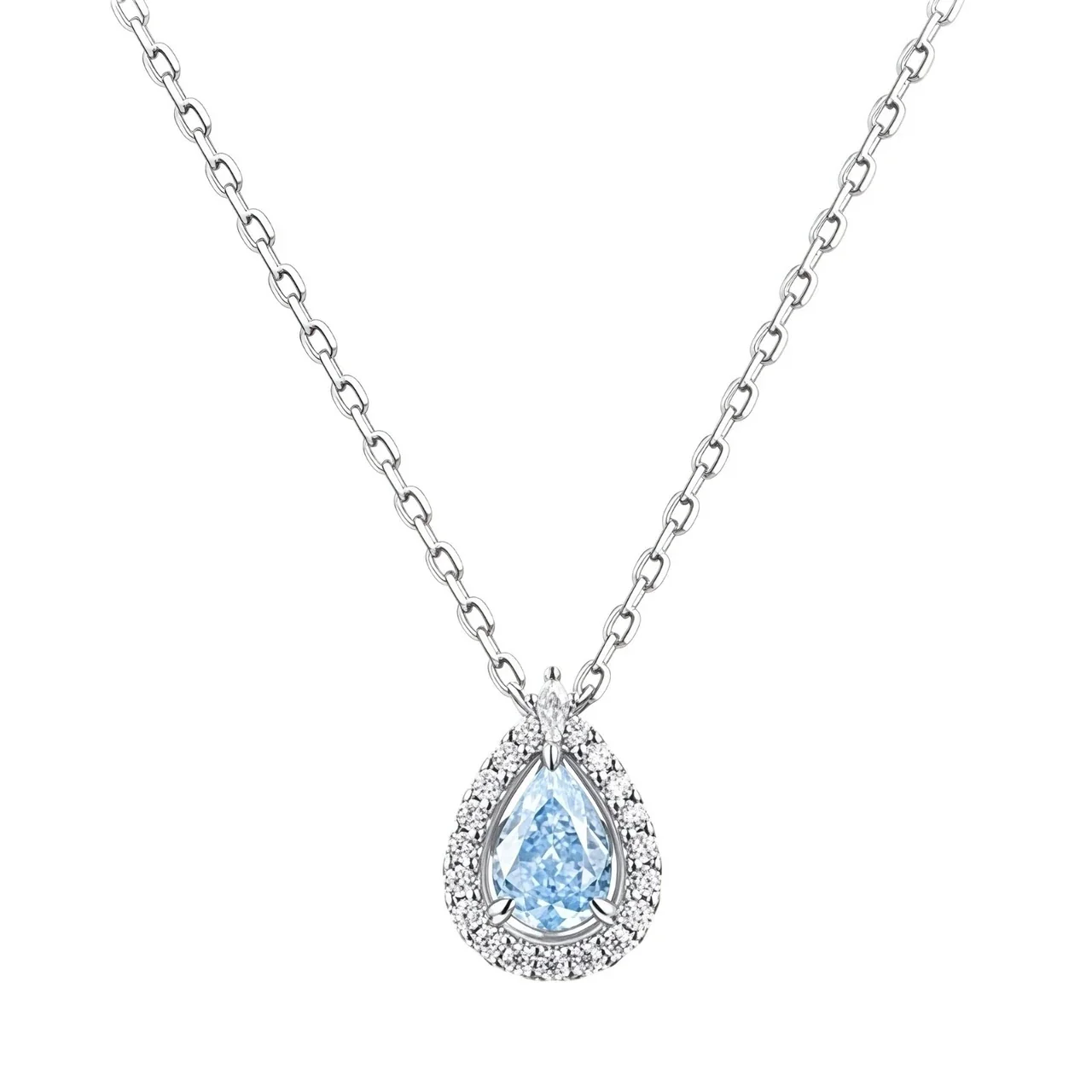 Luminous Blue Pear Halo 925 Sterling Silver Pendant Necklace