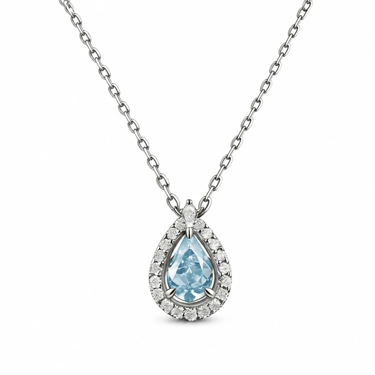 Luminous Blue Pear Halo 925 Sterling Silver Pendant Necklace