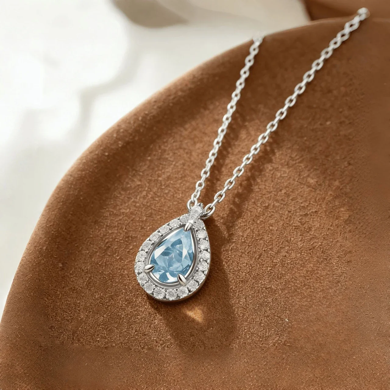 Luminous Blue Pear Halo 925 Sterling Silver Pendant Necklace