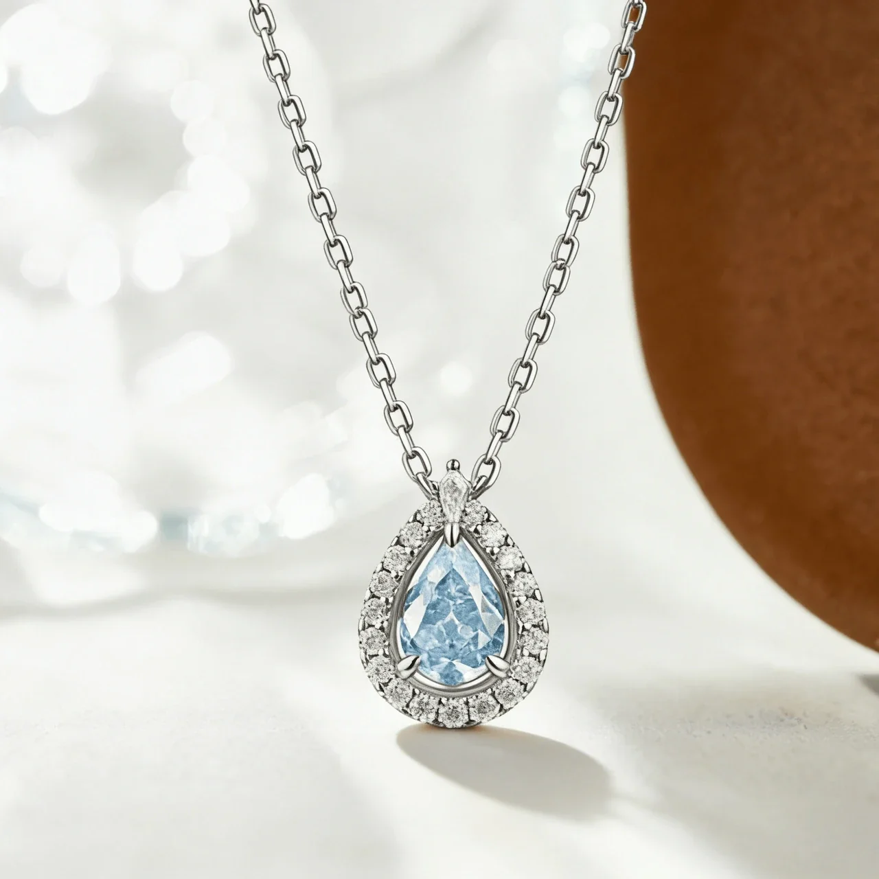 Luminous Blue Pear Halo 925 Sterling Silver Pendant Necklace - Silver / Blue