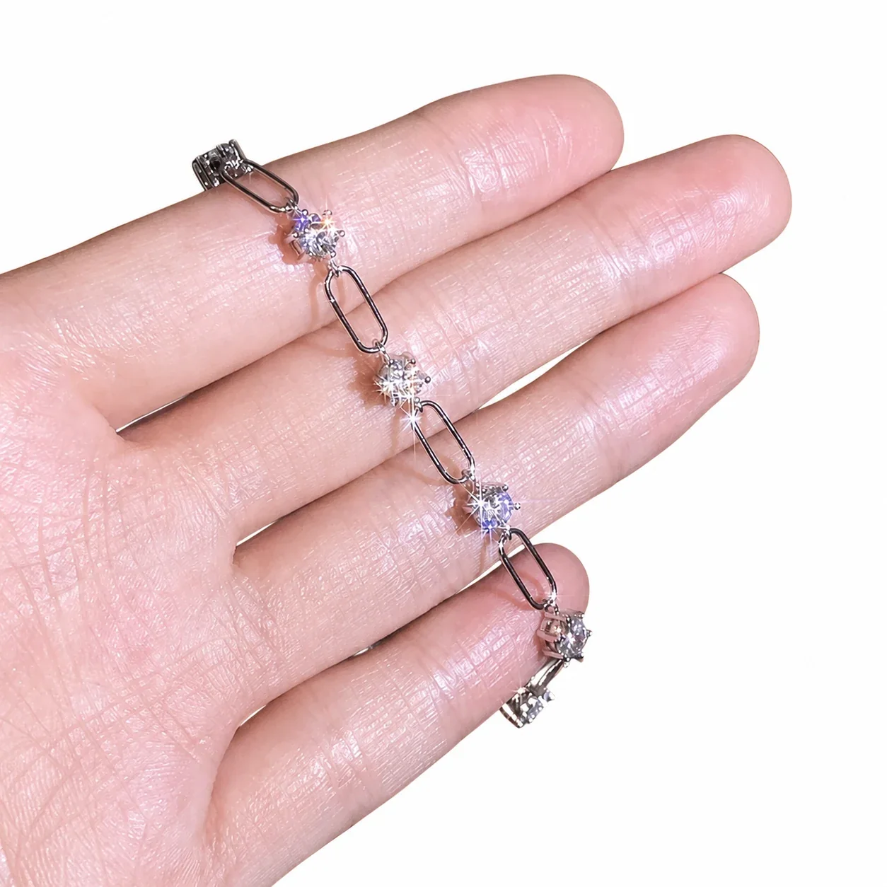 Delicate Polished Paperclip Round Moissanite Bracelet