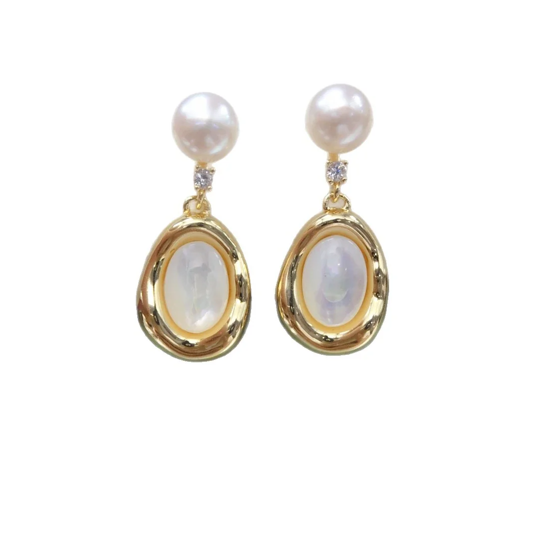 Romantic Gold-Plated Oval Frame Freshwater Pearl Drop Earrings