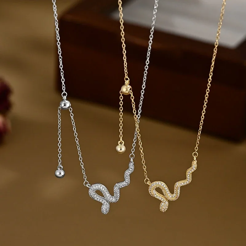 Sinuous 925 Sterling Silver Pavé Snake Lariat Necklace