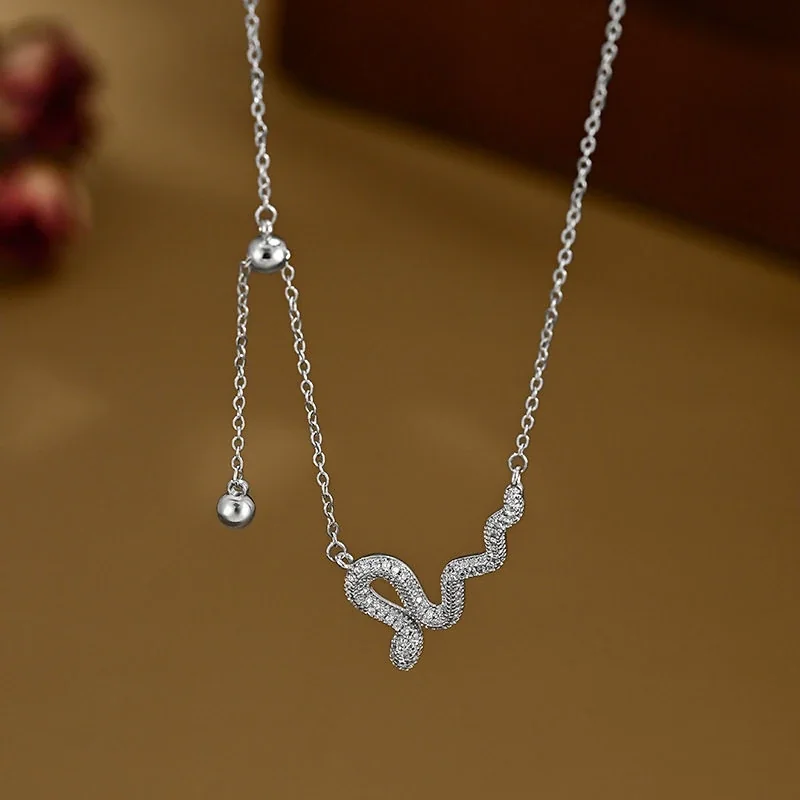 Sinuous 925 Sterling Silver Pavé Snake Lariat Necklace - Silver