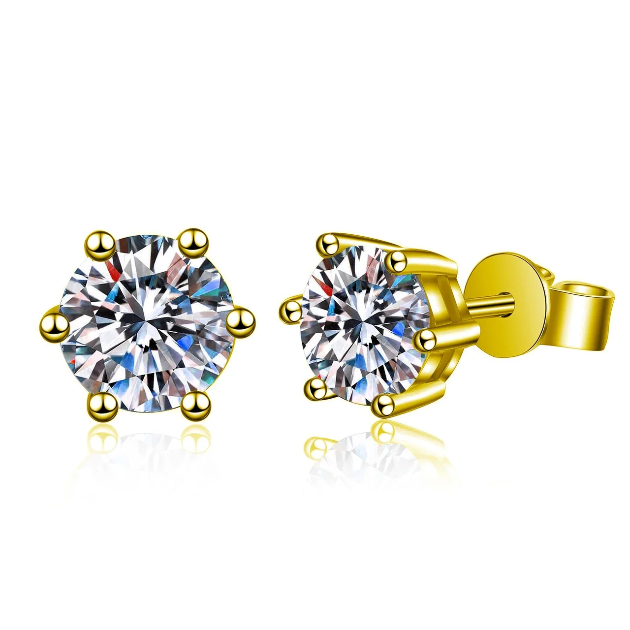 Radiant 925 sterling silver Round Six-Prong Flat-Back Stud Earrings - Gold Six-Prong Classic