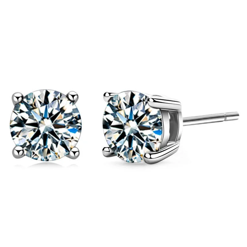 Radiant 925 sterling silver Round Six-Prong Flat-Back Stud Earrings - Silver Four-Prong Classic