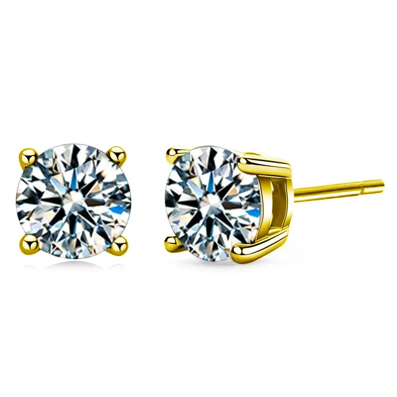 Radiant 925 sterling silver Round Six-Prong Flat-Back Stud Earrings - Gold Four-Prong Classic