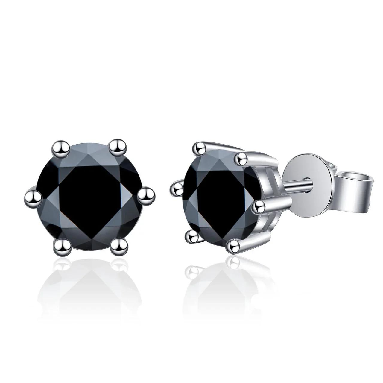Radiant 925 sterling silver Round Six-Prong Flat-Back Stud Earrings - Black Six-Prong Classic