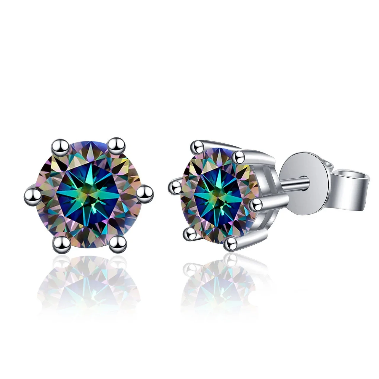 Radiant 925 sterling silver Round Six-Prong Flat-Back Stud Earrings - Iridescent Blue Six-Prong