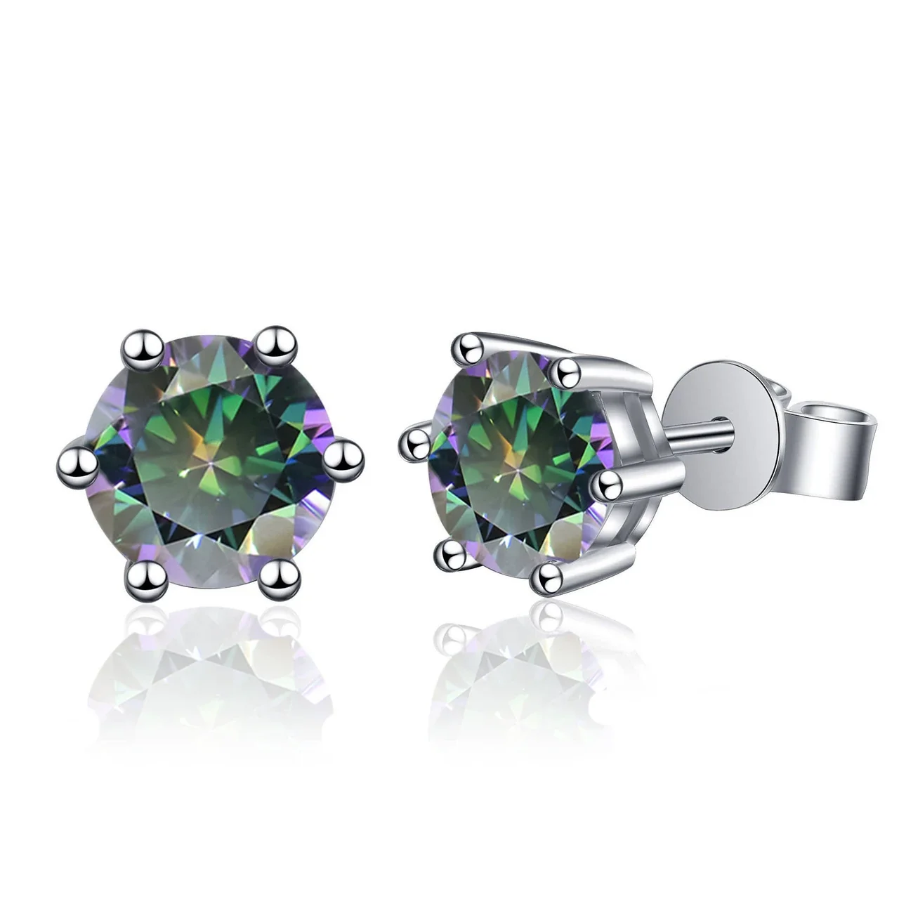Radiant 925 sterling silver Round Six-Prong Flat-Back Stud Earrings - Iridescent Green Six-Prong
