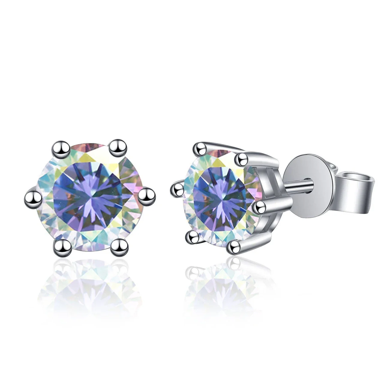 Radiant 925 sterling silver Round Six-Prong Flat-Back Stud Earrings - Aurora Borealis Six-Prong