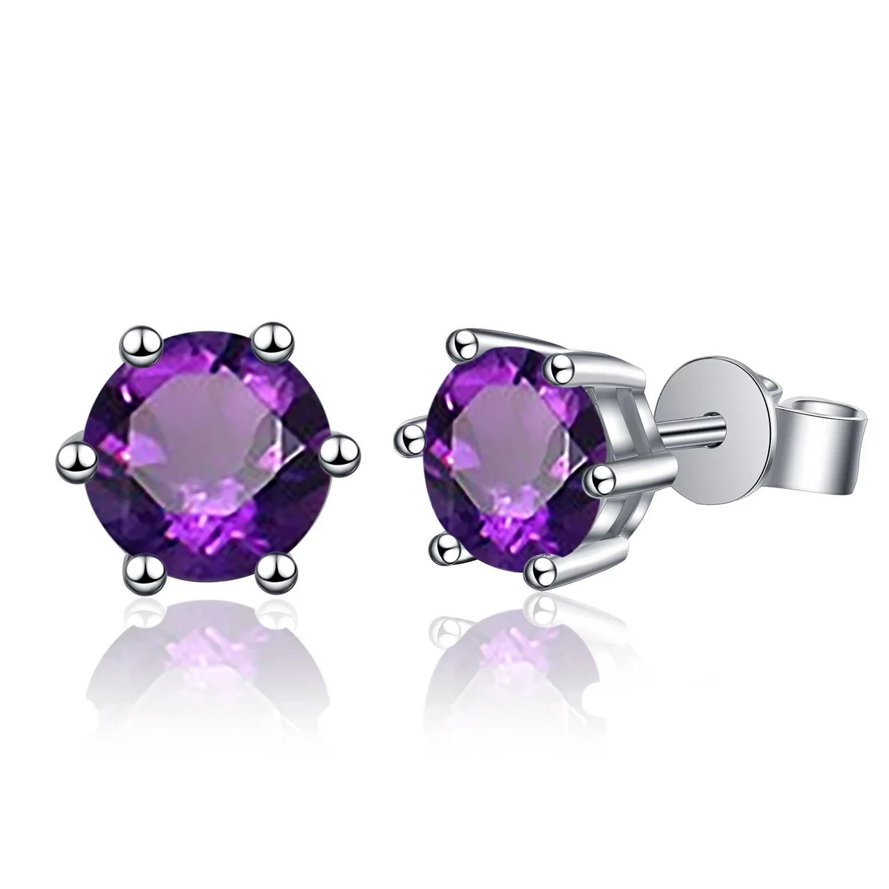 Radiant 925 sterling silver Round Six-Prong Flat-Back Stud Earrings - Purple Crystal Six-Prong