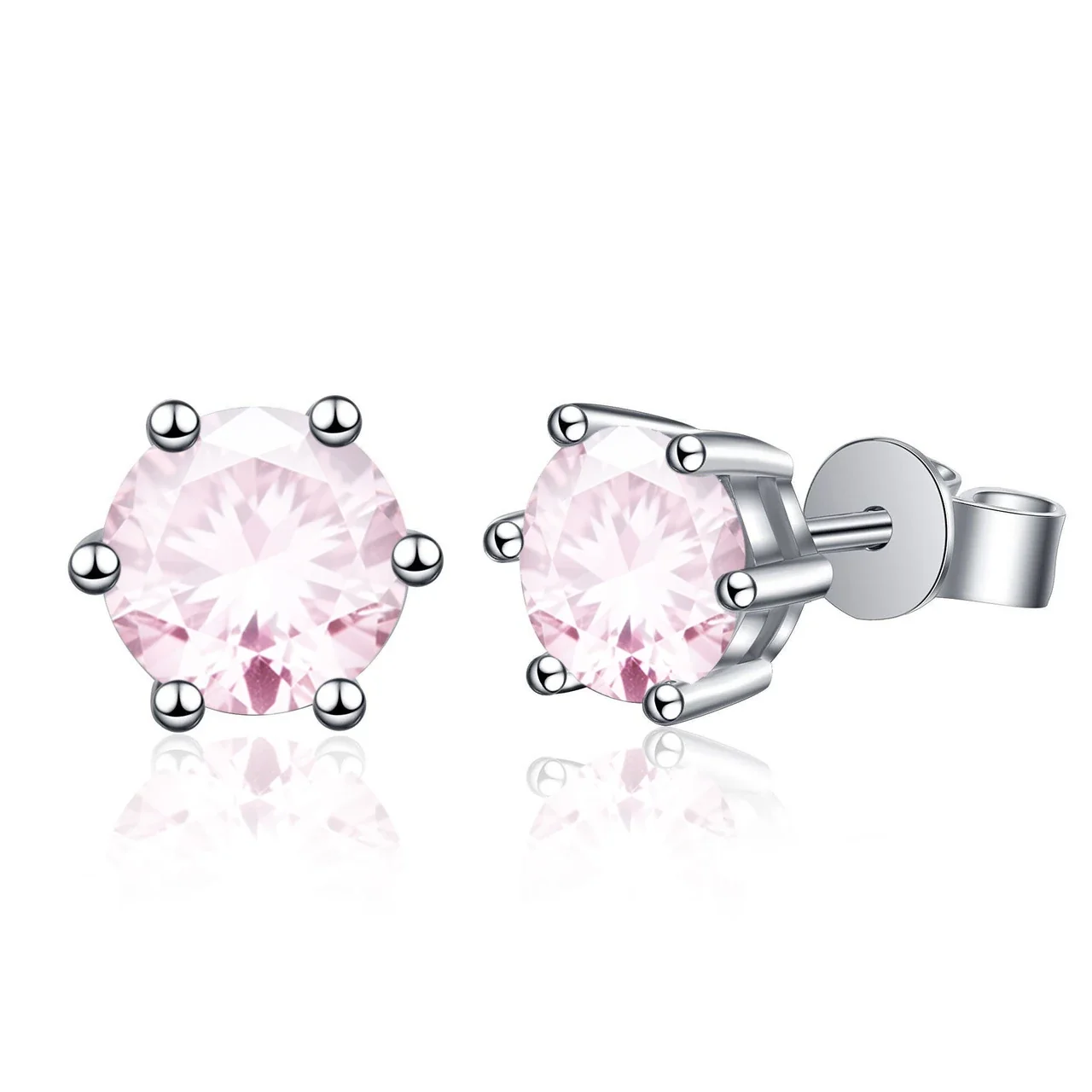 Radiant 925 sterling silver Round Six-Prong Flat-Back Stud Earrings - Pink Crystal Six-Prong