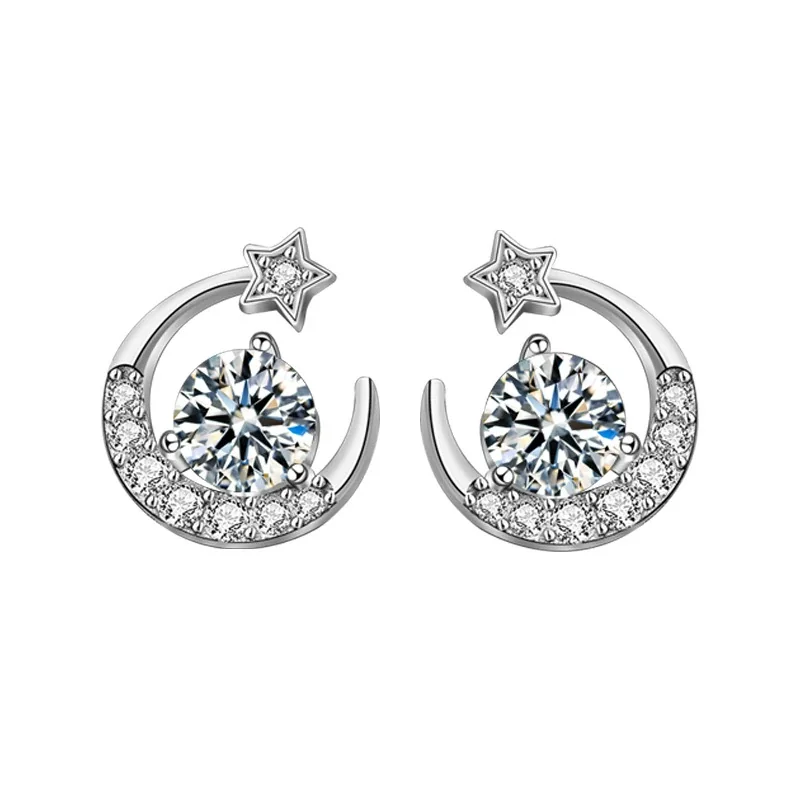 Celestial 925 Sterling Silver Pave Crescent Star Moissanite Stud Earrings