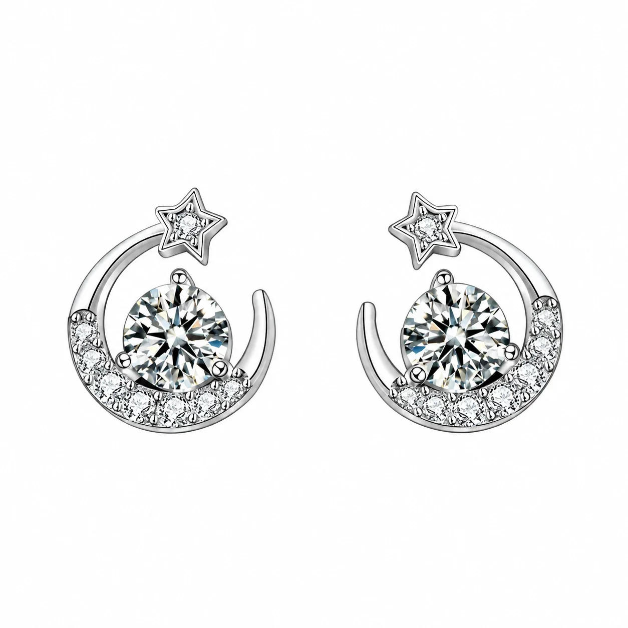 Celestial 925 Sterling Silver Pave Crescent Star Stud Earrings