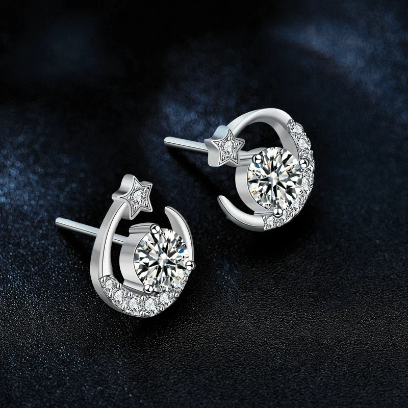 Celestial 925 Sterling Silver Pave Crescent Star Stud Earrings
