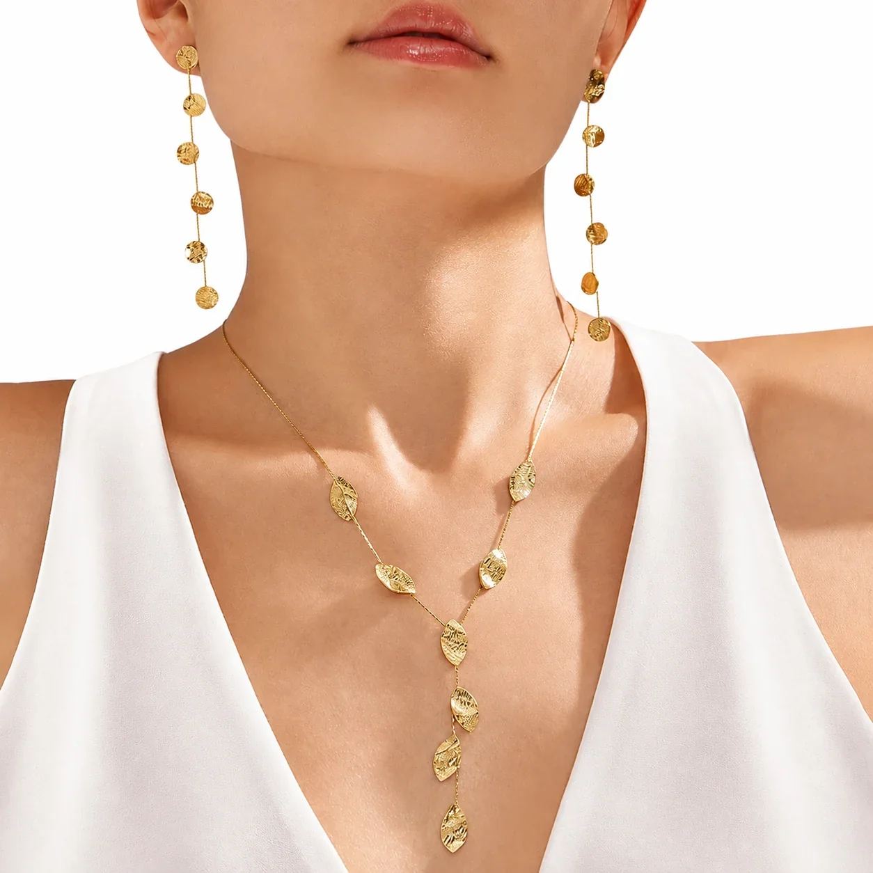 Radiant Hammered Leaf Fringe Stainless Steel Jewelry Set