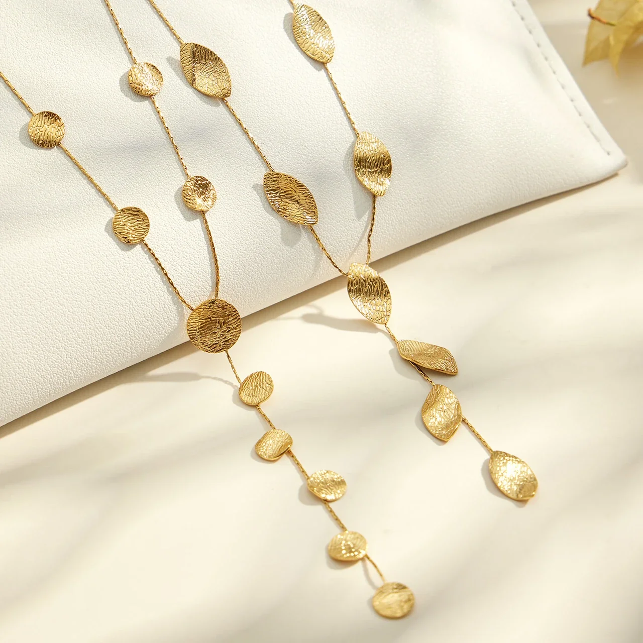 Radiant Hammered Leaf Fringe Stainless Steel Jewelry Set