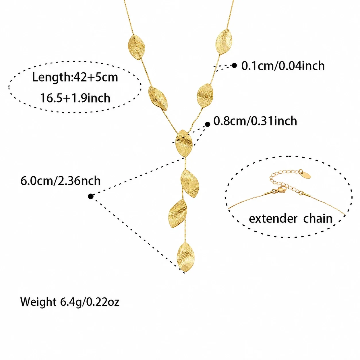 Radiant Hammered Leaf Fringe Stainless Steel Jewelry Set - Gold Leaf 42+5 cm