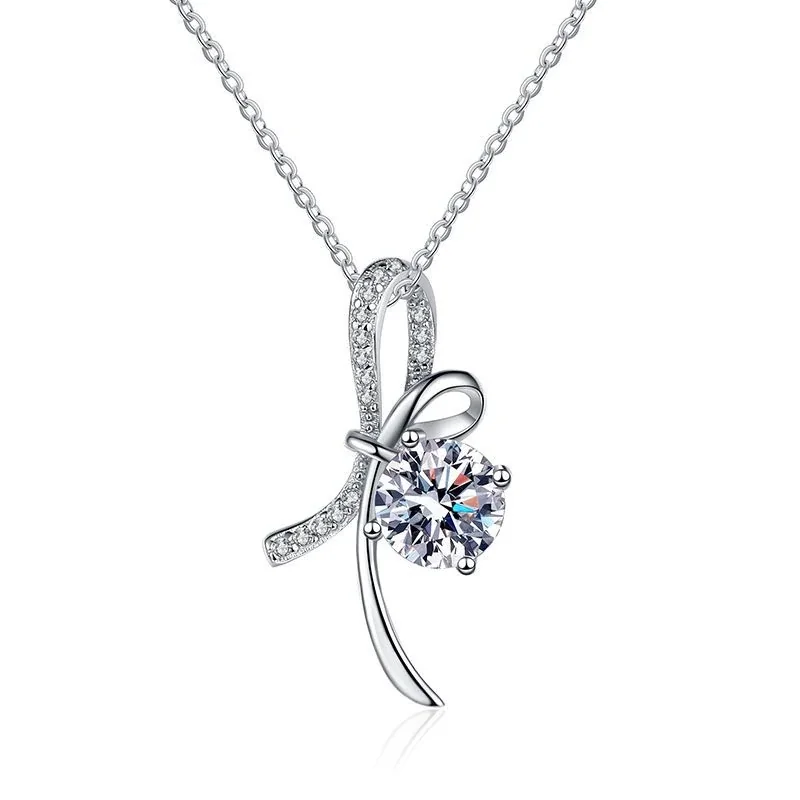 Ribbon Bow 925 Sterling Silver Pavé Loop Moissanite Necklace