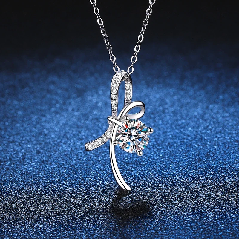 Ribbon Bow 925 Sterling Silver Pavé Loop Moissanite Necklace