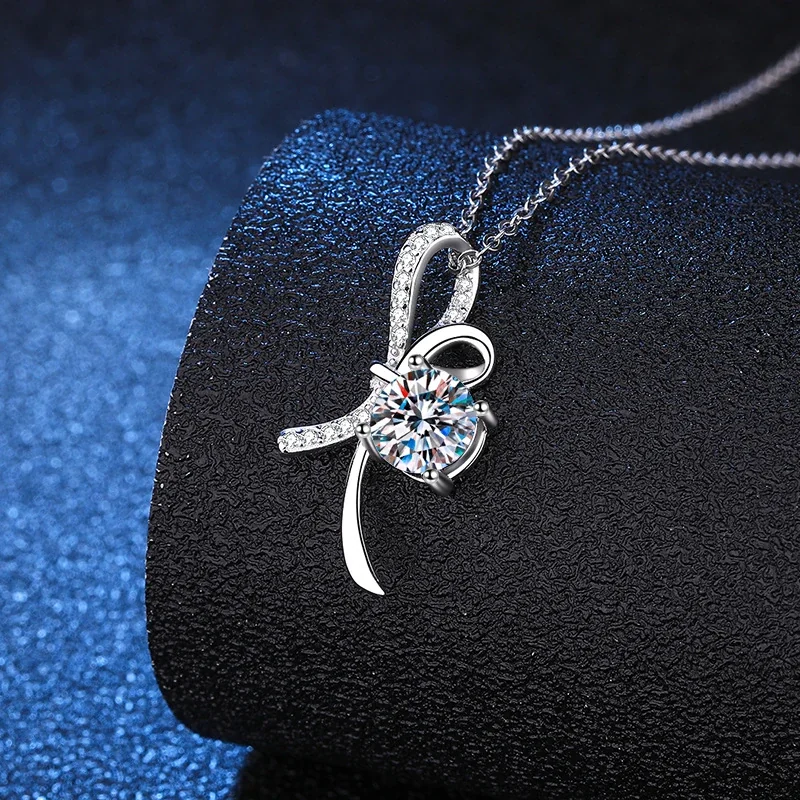 Ribbon Bow 925 Sterling Silver Pavé Loop Moissanite Necklace