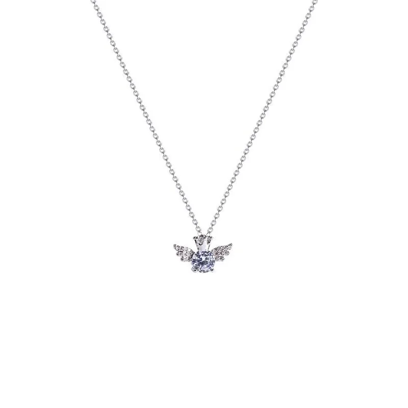 Delicate Crown Wing 925 Sterling Silver Crystal Necklace