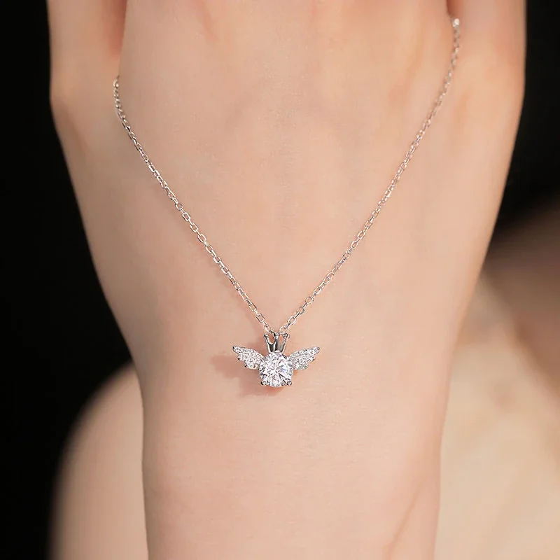 Delicate Crown Wing 925 Sterling Silver Crystal Necklace