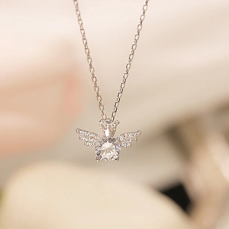 Delicate Crown Wing 925 Sterling Silver Crystal Necklace