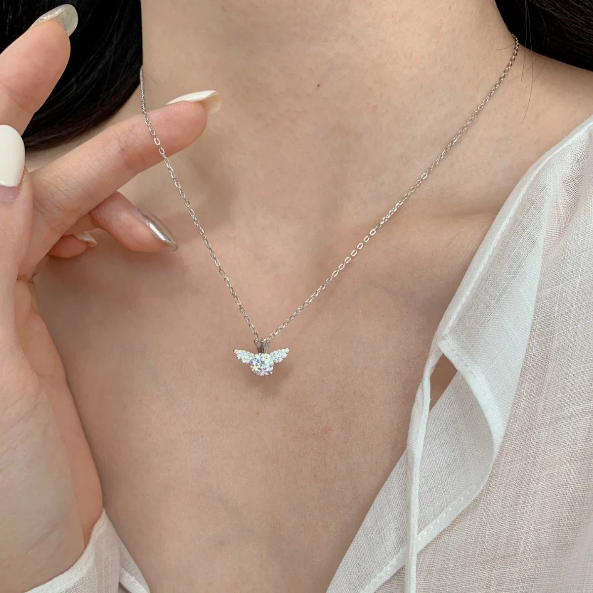 Delicate Crown Wing 925 Sterling Silver Crystal Necklace