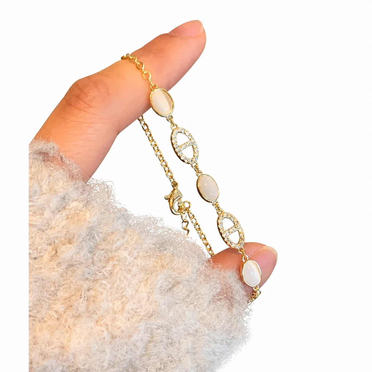 Delicate Gold-Plated Copper Oval Cabochon Pavé Bracelet