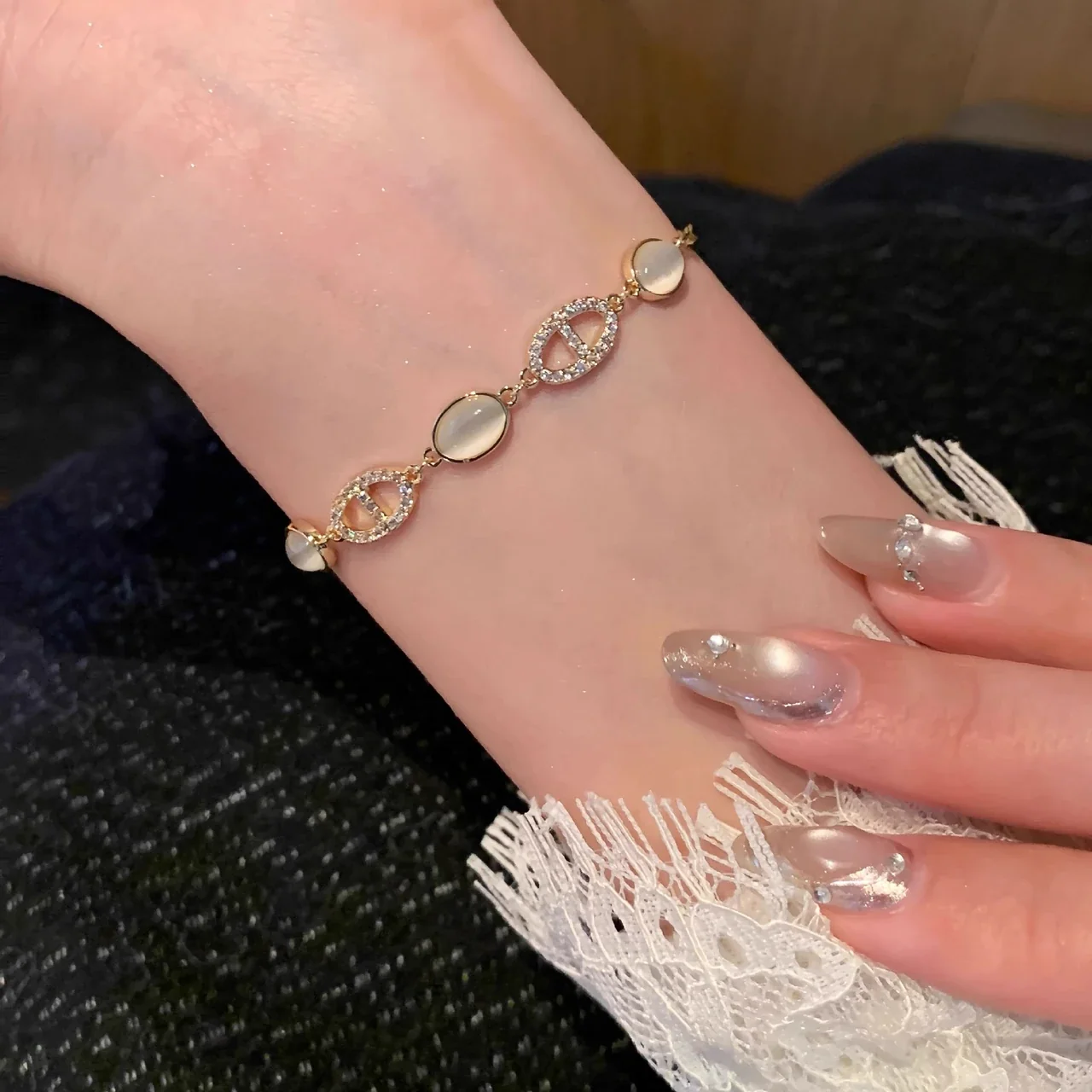 Delicate Gold-Plated Copper Oval Cabochon Pavé Bracelet