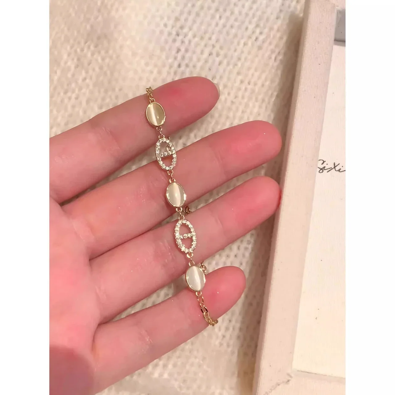 Delicate Gold-Plated Copper Oval Cabochon Pavé Bracelet