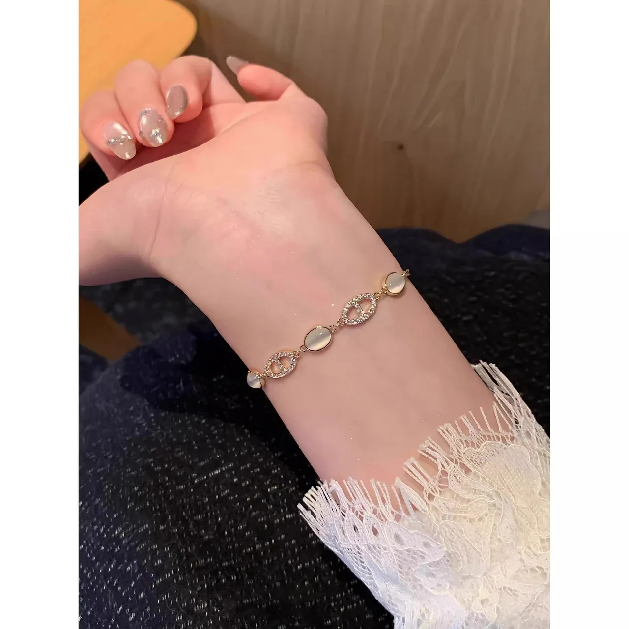Delicate Gold-Plated Copper Oval Cabochon Pavé Bracelet