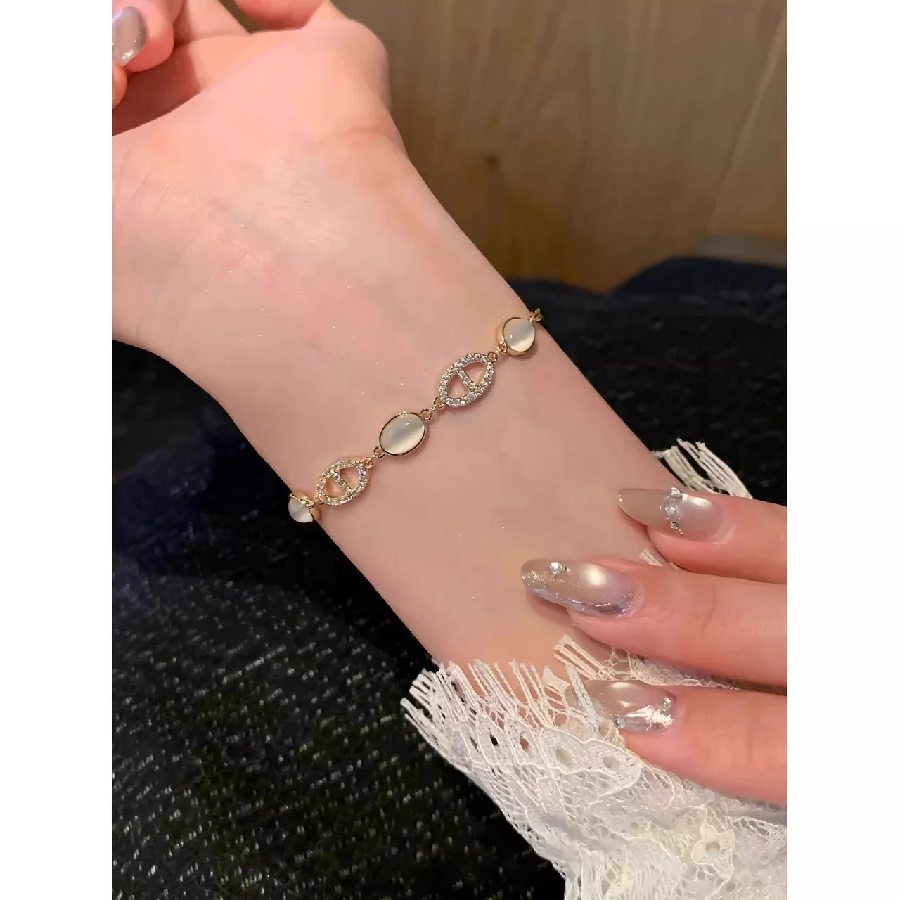 Delicate Gold-Plated Copper Oval Cabochon Pavé Bracelet