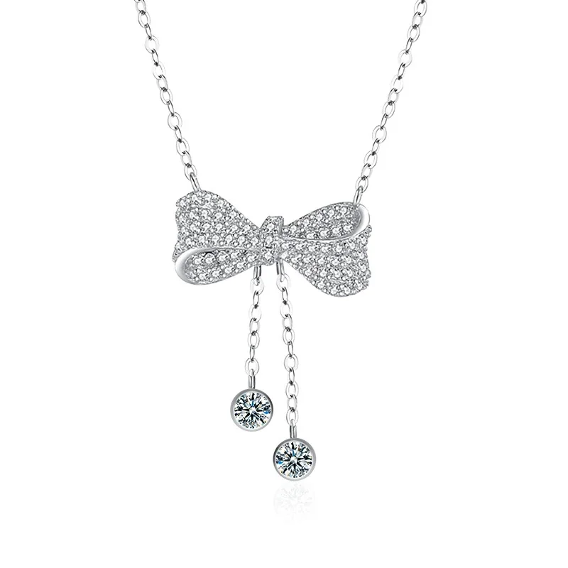 Pavé Bow Twin Tassel Moissanite 925 Sterling Silver Necklace