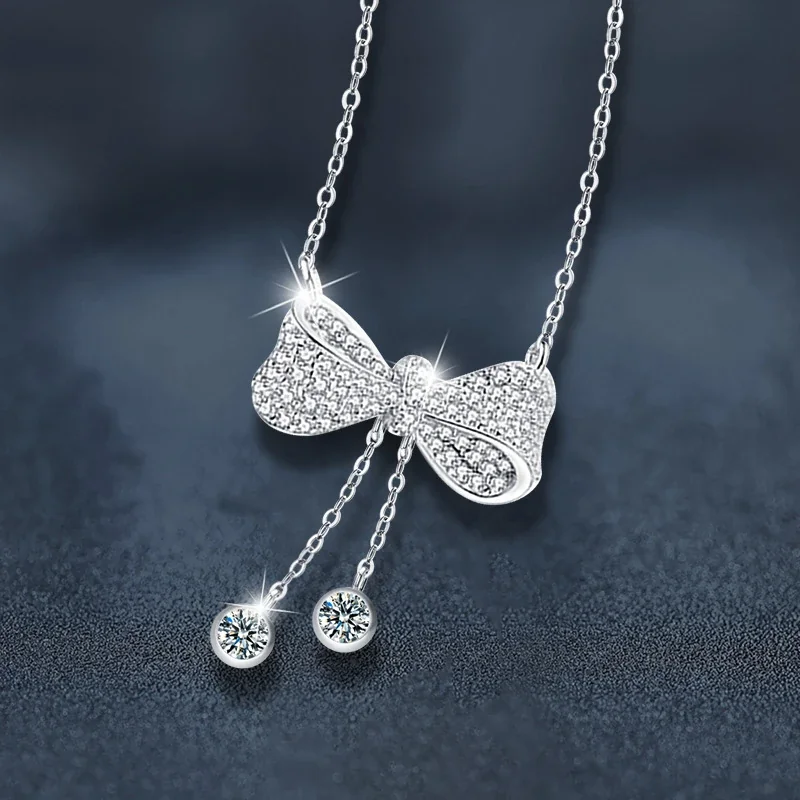 Pavé Bow Twin Tassel Moissanite 925 Sterling Silver Necklace