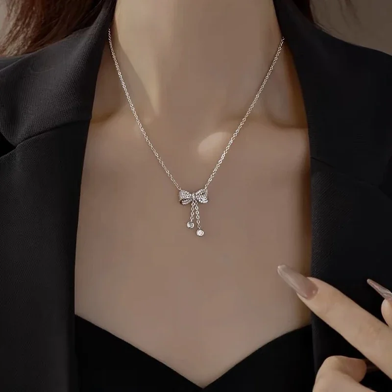 Pavé Bow Twin Tassel Moissanite 925 Sterling Silver Necklace