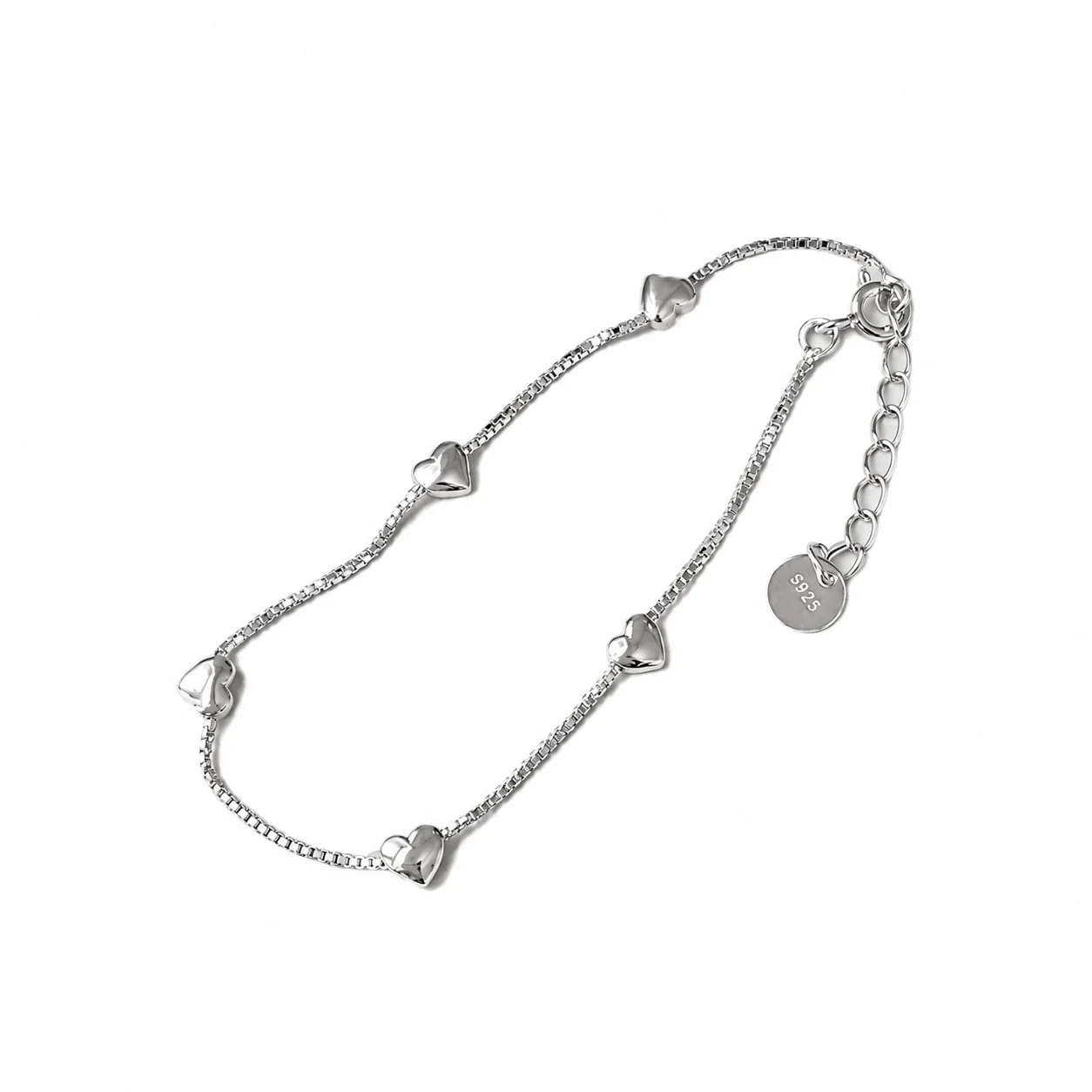 Polished Five-Heart Box Chain 925 Sterling Silver Bracelet