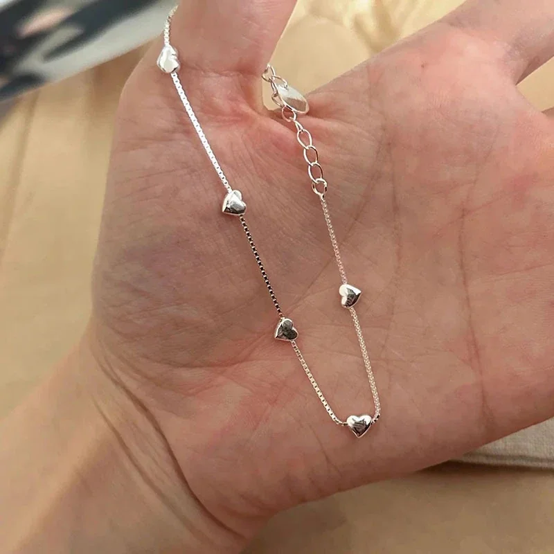 Polished Five-Heart Box Chain 925 Sterling Silver Bracelet