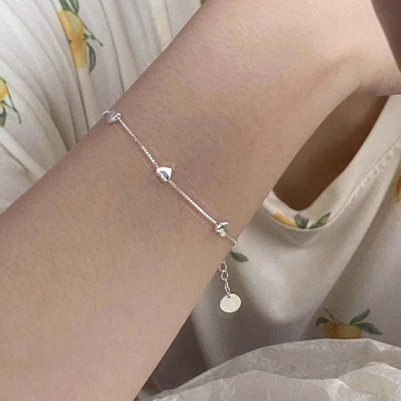 Polished Five-Heart Box Chain 925 Sterling Silver Bracelet