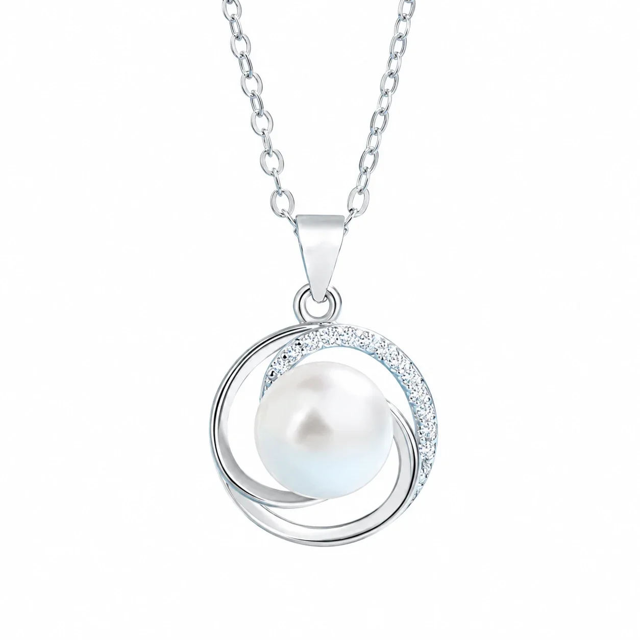 Sculptural 925 Sterling Silver Pearl Pave Orbit Pendant Necklace