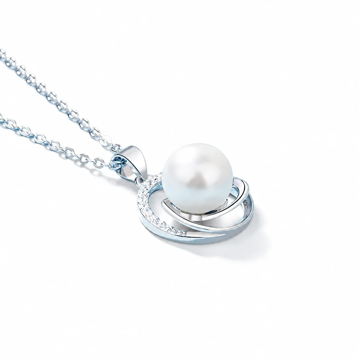 Sculptural 925 Sterling Silver Pearl Pave Orbit Pendant Necklace