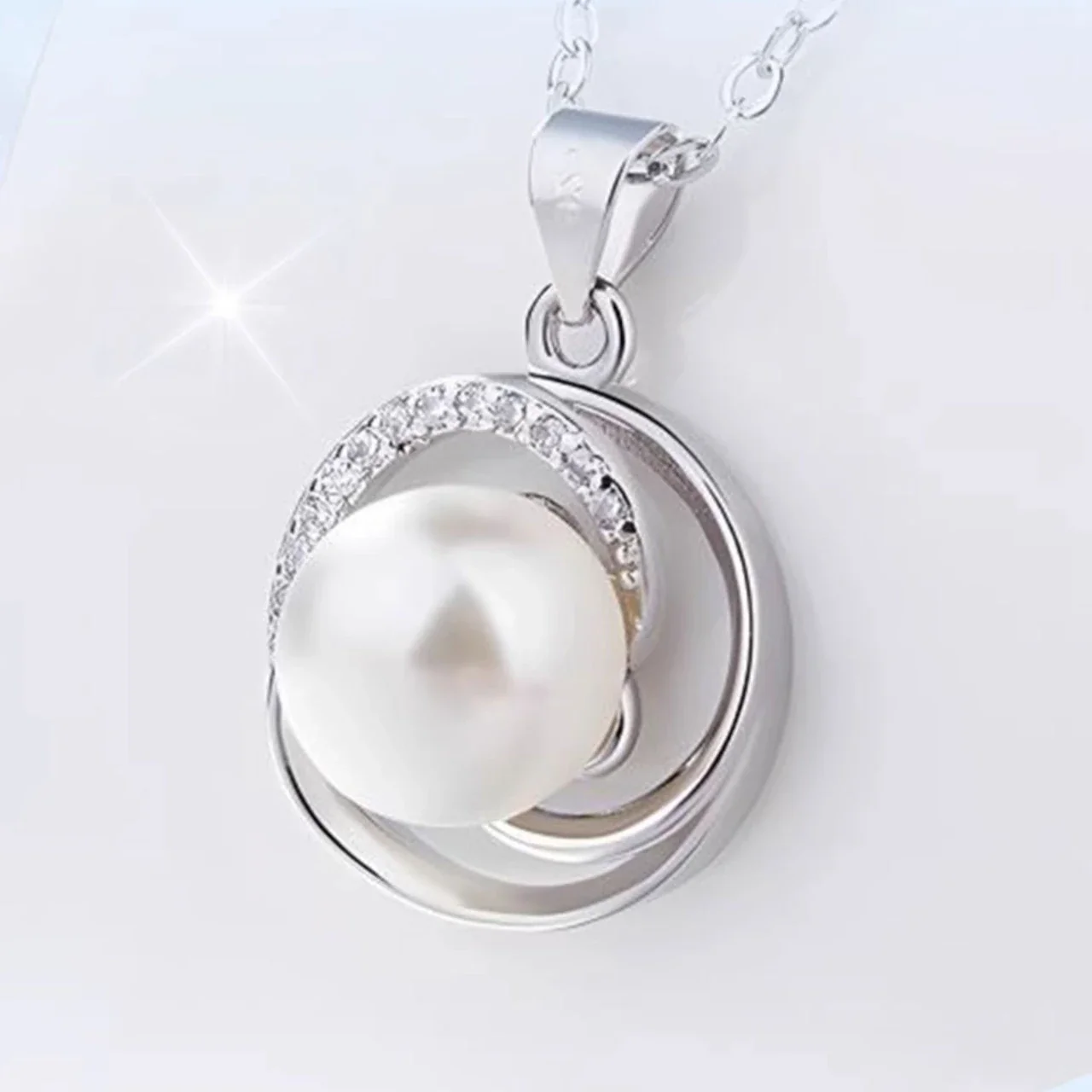 Sculptural 925 Sterling Silver Pearl Pave Orbit Pendant Necklace