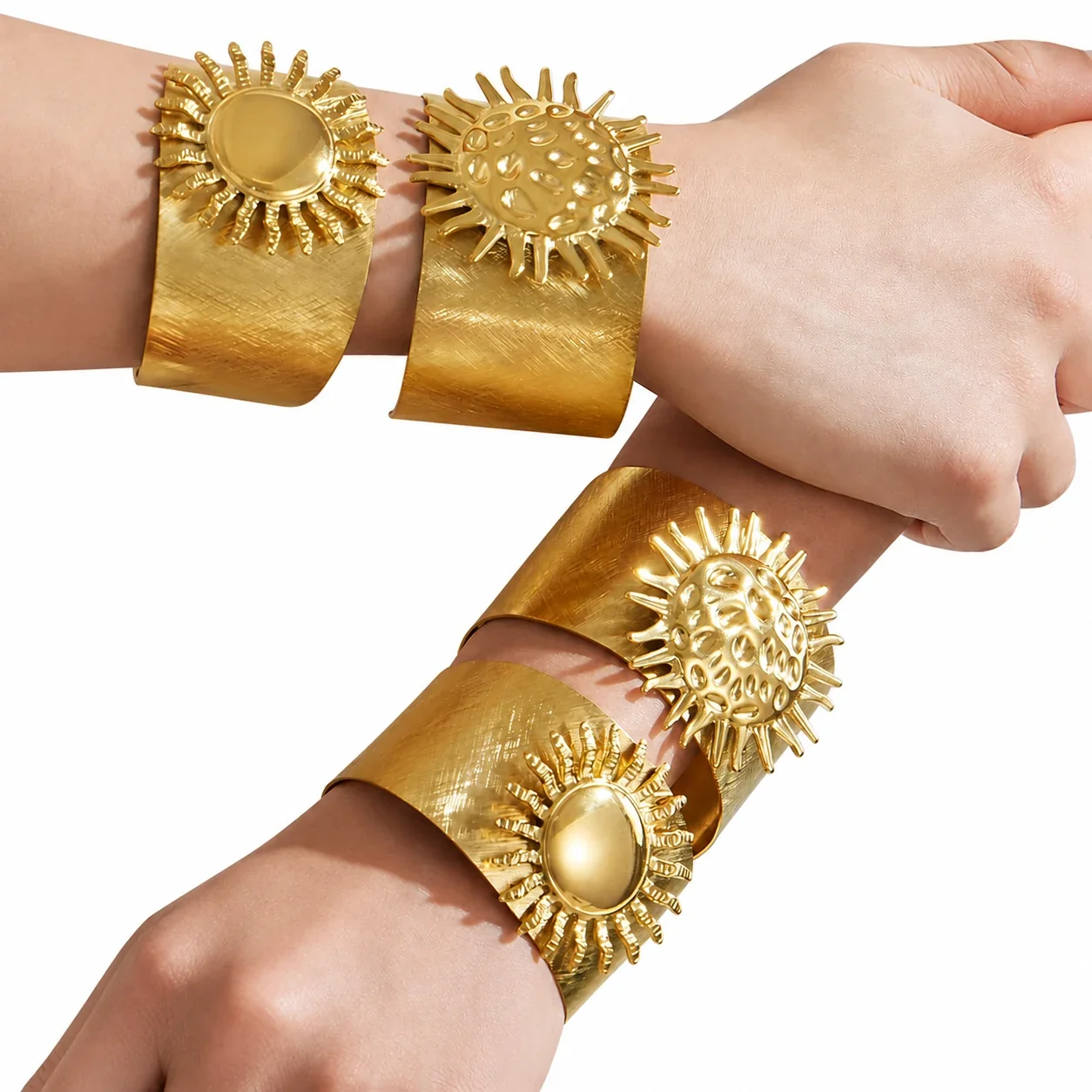 Radiant Sunburst Wide Gold-Plated Stainless Steel Bangle
