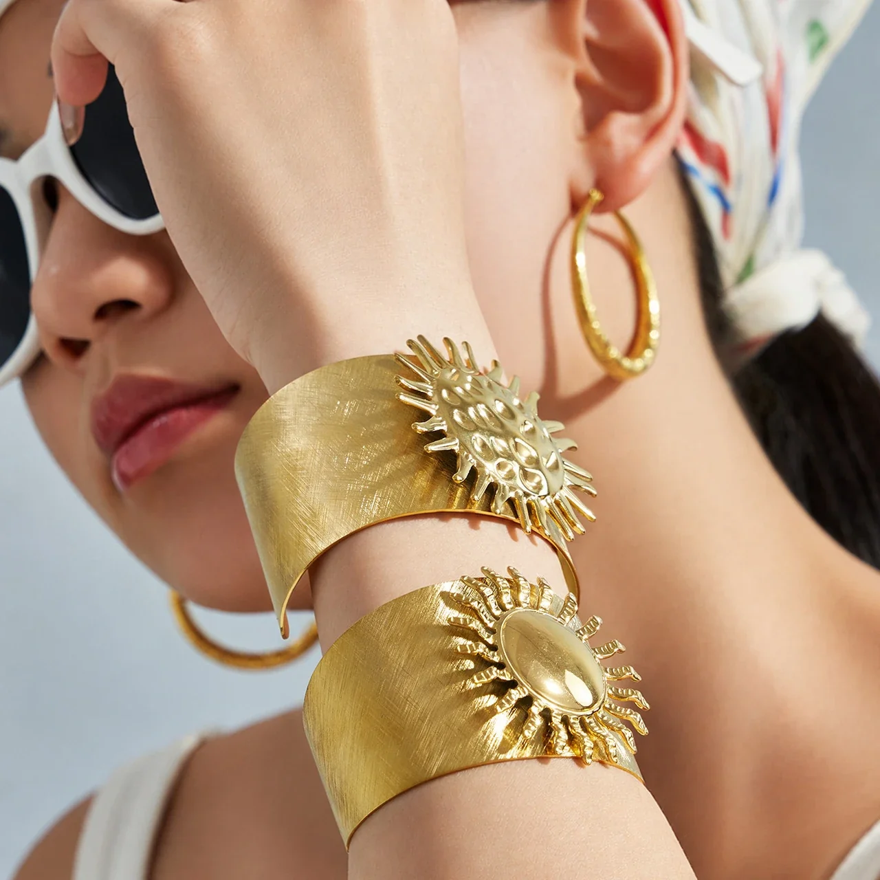 Radiant Sunburst Wide Gold-Plated Stainless Steel Bangle