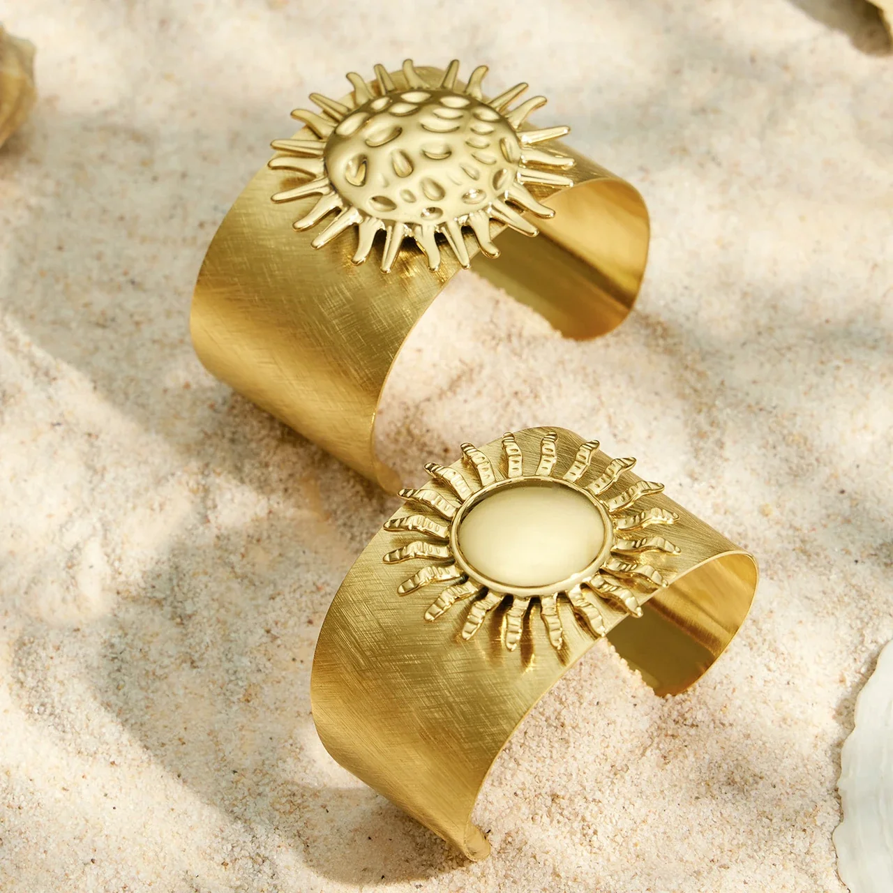 Radiant Sunburst Wide Gold-Plated Stainless Steel Bangle